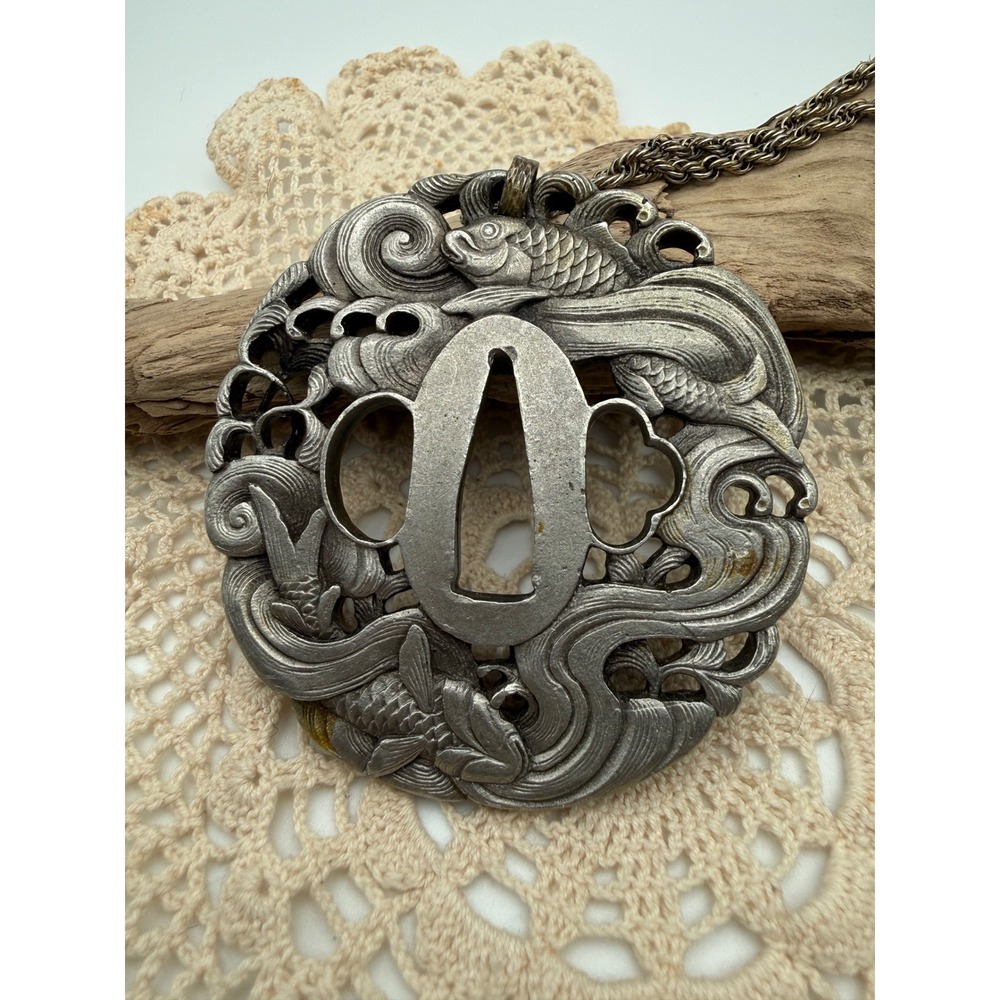 Japanese Tsuba Koi Fish Sword Guard Silver Tone Replica Pendant MMA
